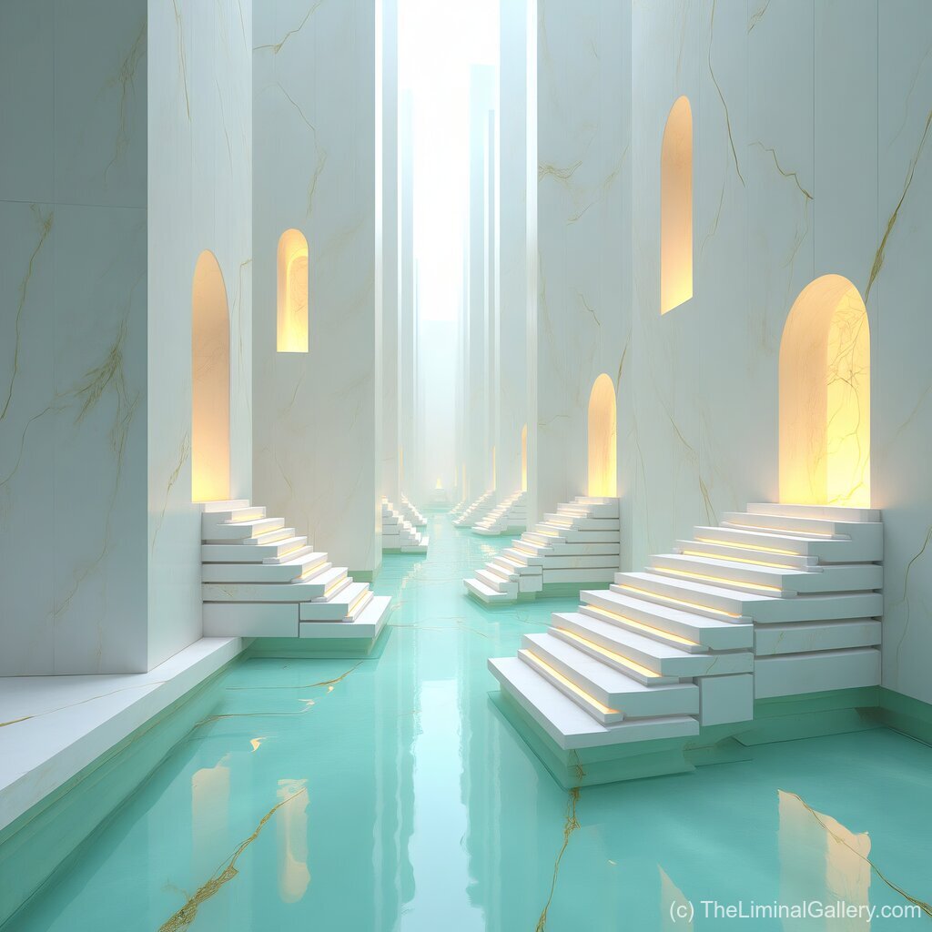 A glowing passage surrounded by shimmering waters, radiating tranquility and surreal wonder.